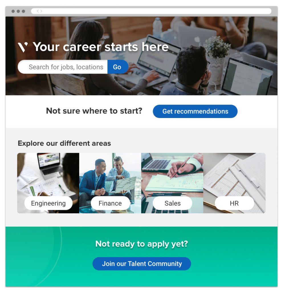 A landing page where users can find jobs by searching, receiving recommendations or exploring categories.