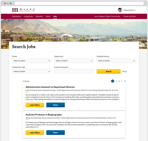 A university career portal showing a search bar and open jobs. Candidates can use search filters to find and apply to jobs.