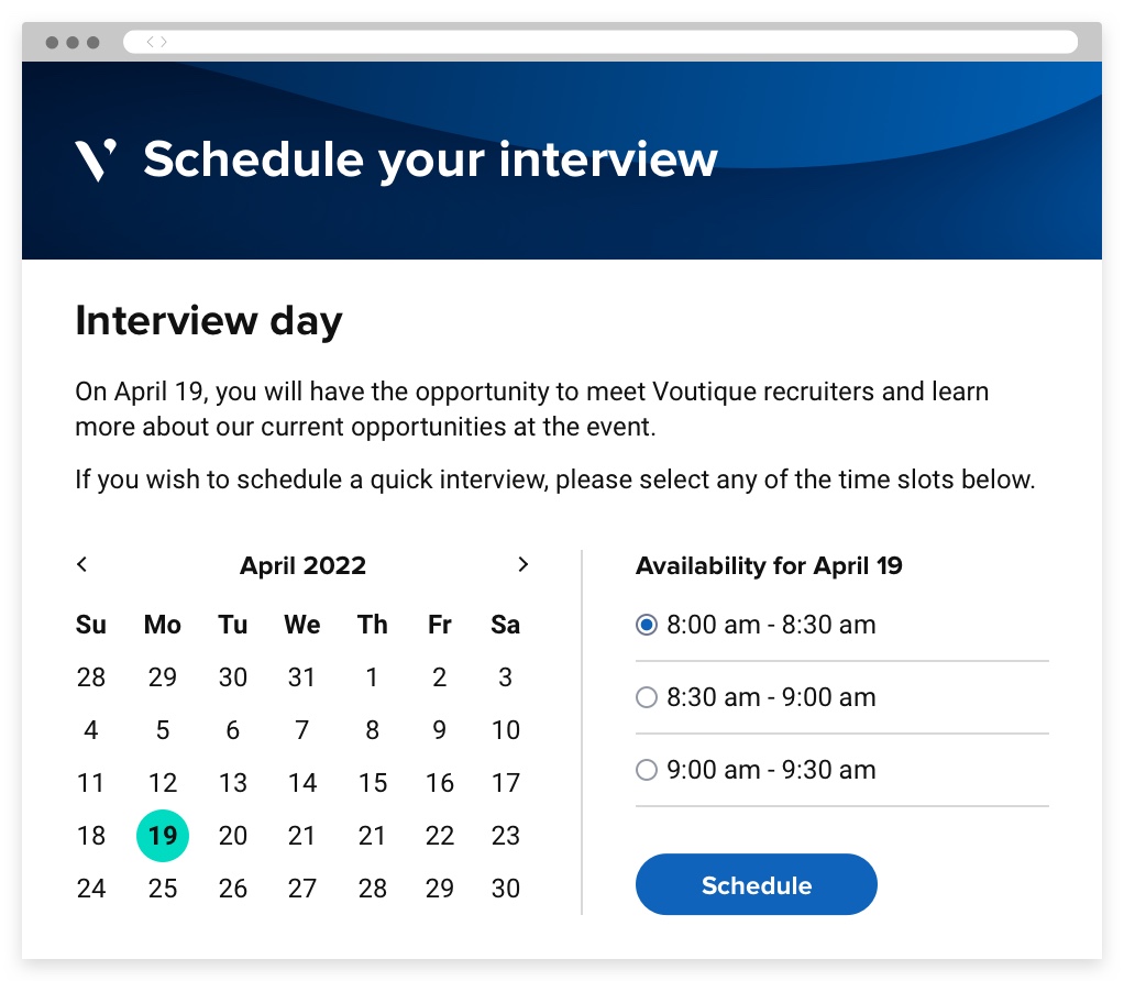 An interview scheduling portal, displaying a calendar and available time slots for a candidate to schedule an interview.