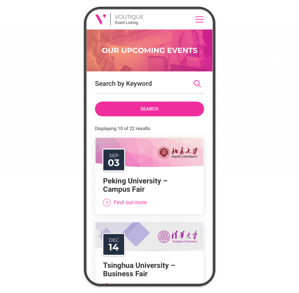 A mobile events portal, displaying upcoming campus events and a search field for finding events by keyword.