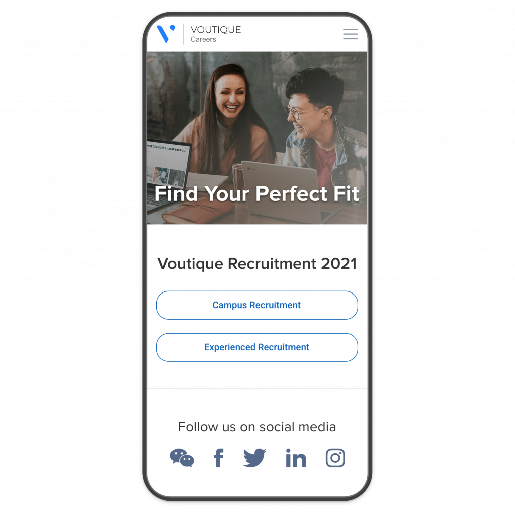 A mobile career portal, displaying options for a candidate to apply for jobs and to follow the company on social media.
