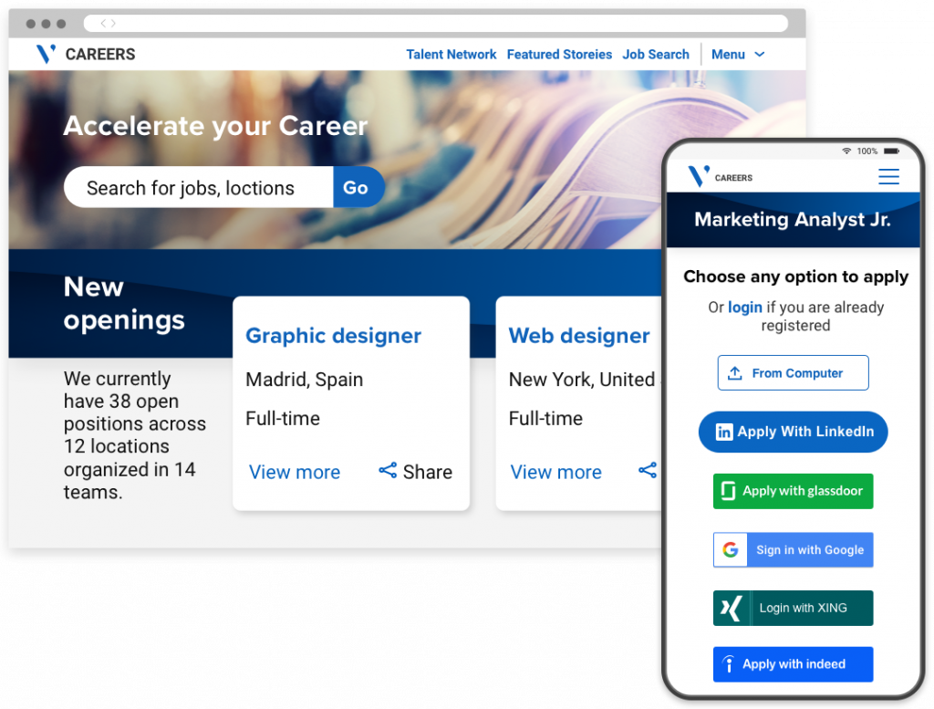 A portal to search and apply for jobs, and a mobile version of the portal with options to apply using social media accounts.