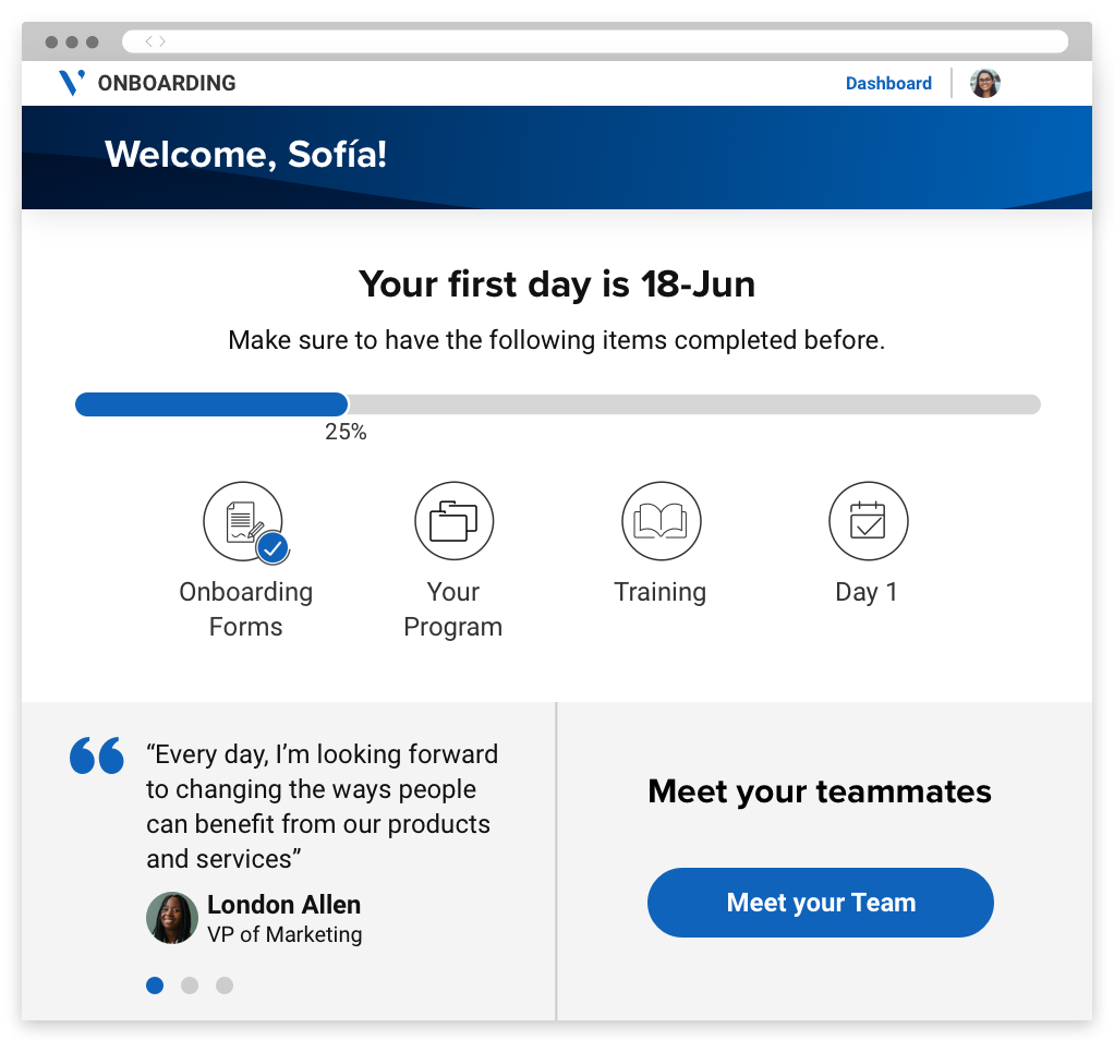 A portal showing info about the new hire's onboarding, a progress bar indicating their status, and a link to view teammates.