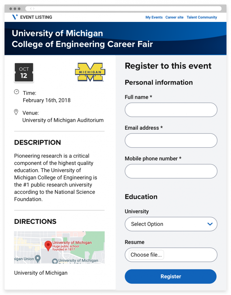 A portal showing an event's details on the left and a section to register to the event on the right.