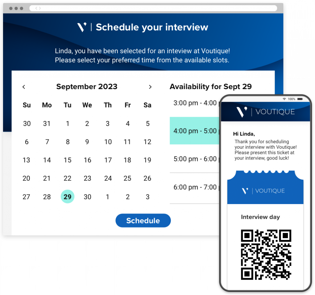 An interview scheduling portal showing available timeslots and a mobile portal with a QR code to access the interview.