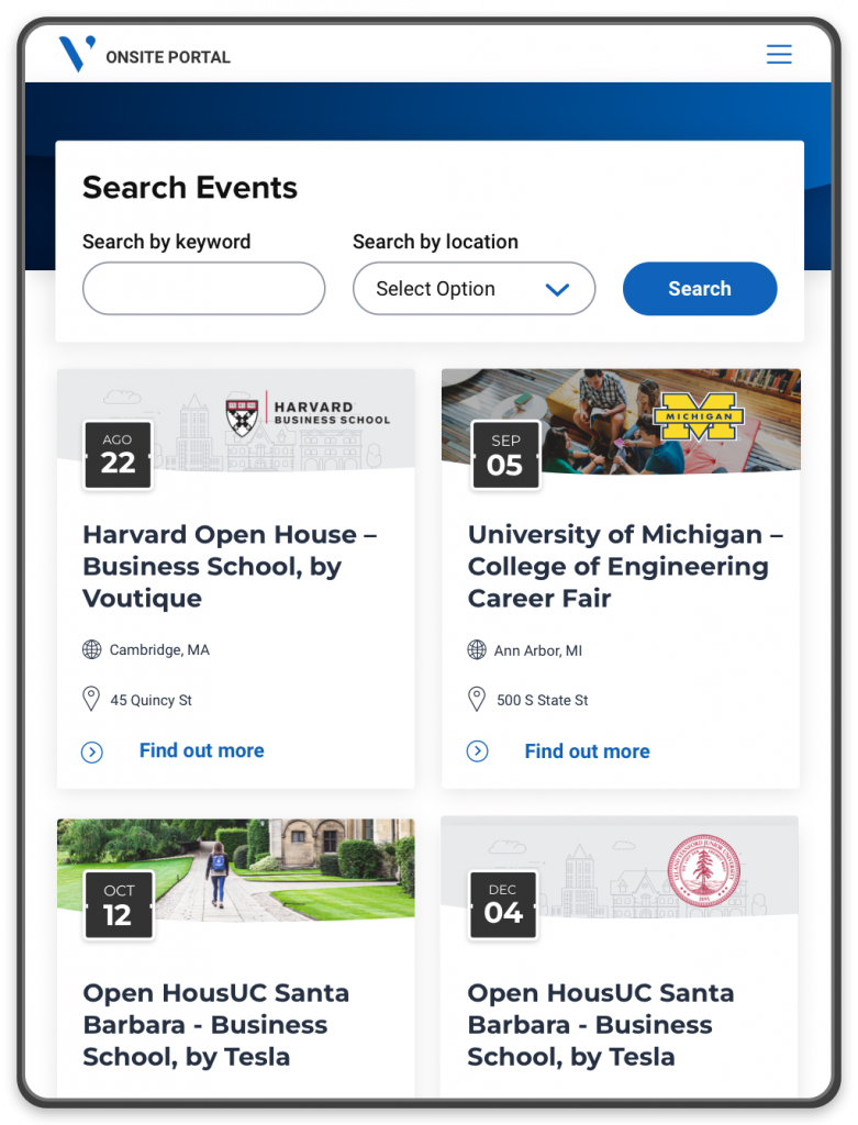 A portal showing events at different universities and a search bar to search for events by keyword and location.