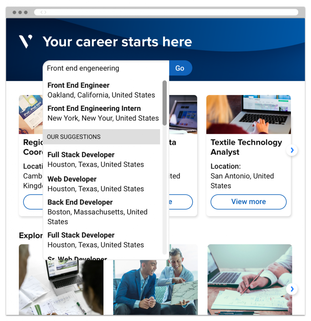 A career site demonstrating how Avature's AI-powered semantic search capabilities offer suggestions as the user types keywords.