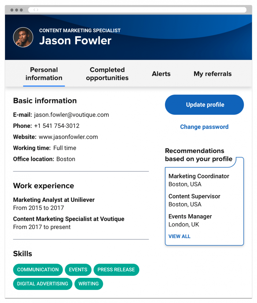 An employee profile listing their personal information, skills, work experience and recommended open positions.