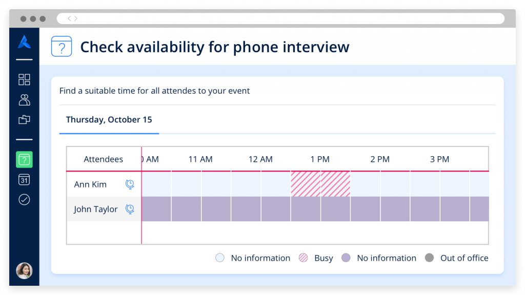 The Avature calendar's Check Availability feature showing attendees' availability before scheduling an interview.