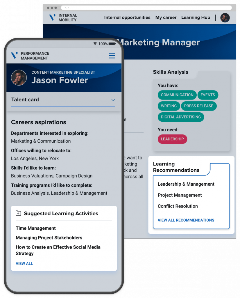 Mobile and desktop versions of corporate sites containing automatic learning recommendations for the user to follow.