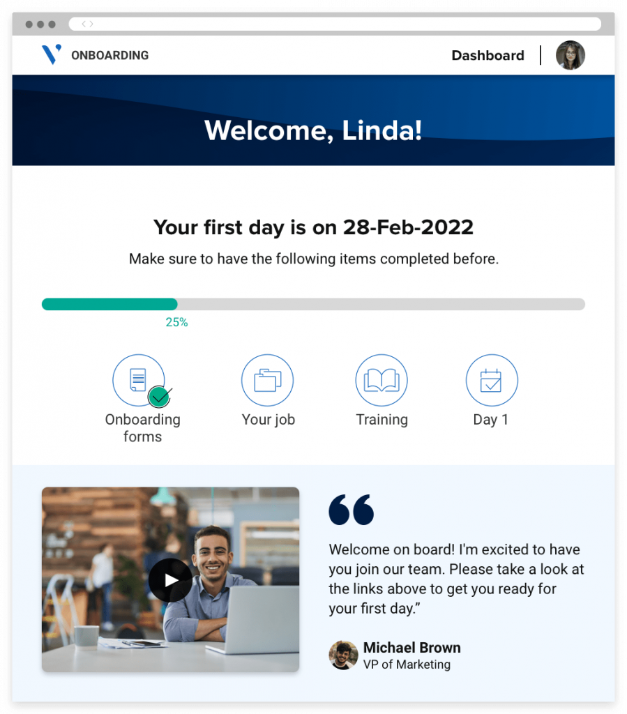 A portal showing information about the new hire's onboarding process and a progress bar indicating their status.