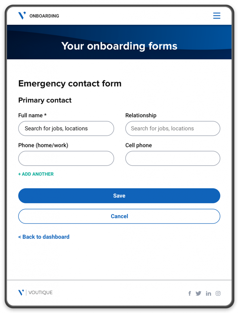 An onboarding portal showing an emergency contact form that the new hire can complete and save.