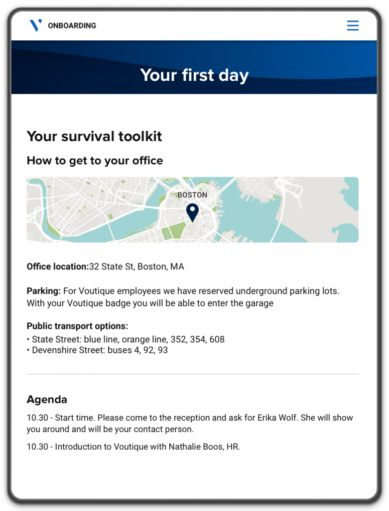 An onboarding portal with a map of the office's location, transportation and parking options, and the employee's itinerary.