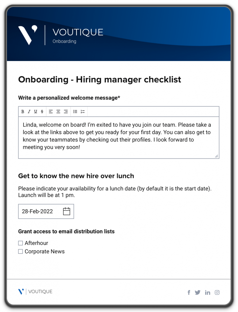 An onboarding portal where hiring managers can write a personalized welcome message and schedule a lunch date with new hires.