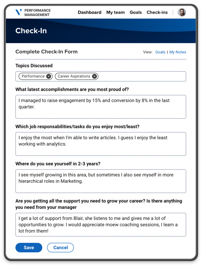 A performance management portal showing a performance self-evaluation form, with fields to complete about topics discussed.