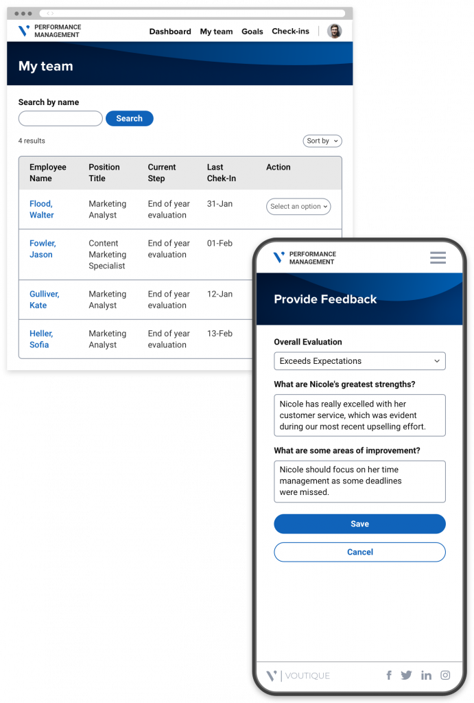 A manager's performance management portal with a list of team members, and a mobile phone screen with a feedback form.