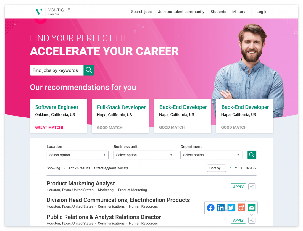 A career site with a search bar and filters, and job recommendations ranked by how strongly they match a candidate's profile.