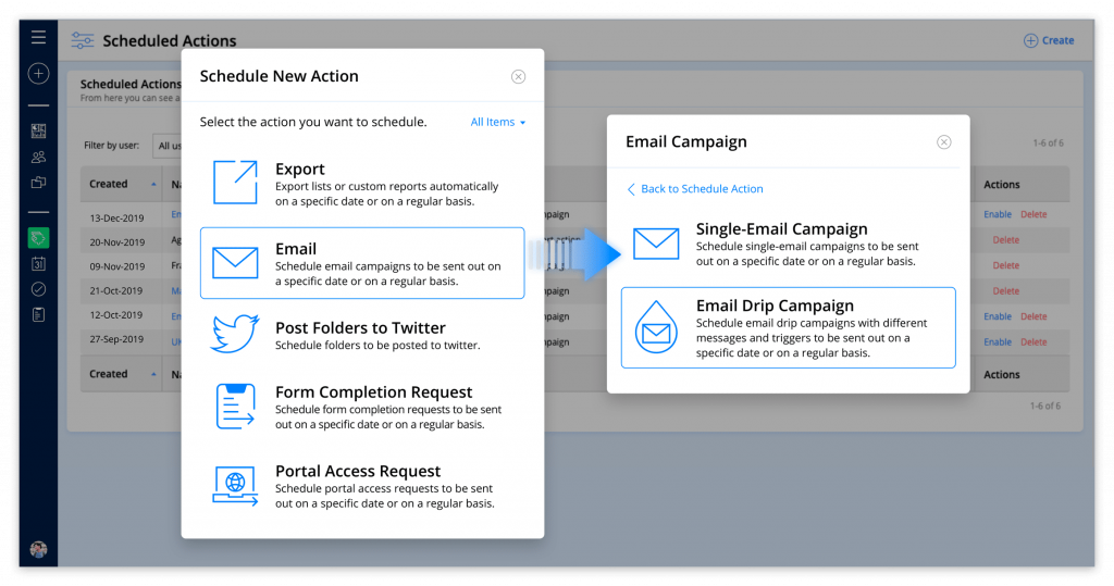 The scheduled actions section of the Avature platform, showing the steps to follow to set up an email drip campaign.